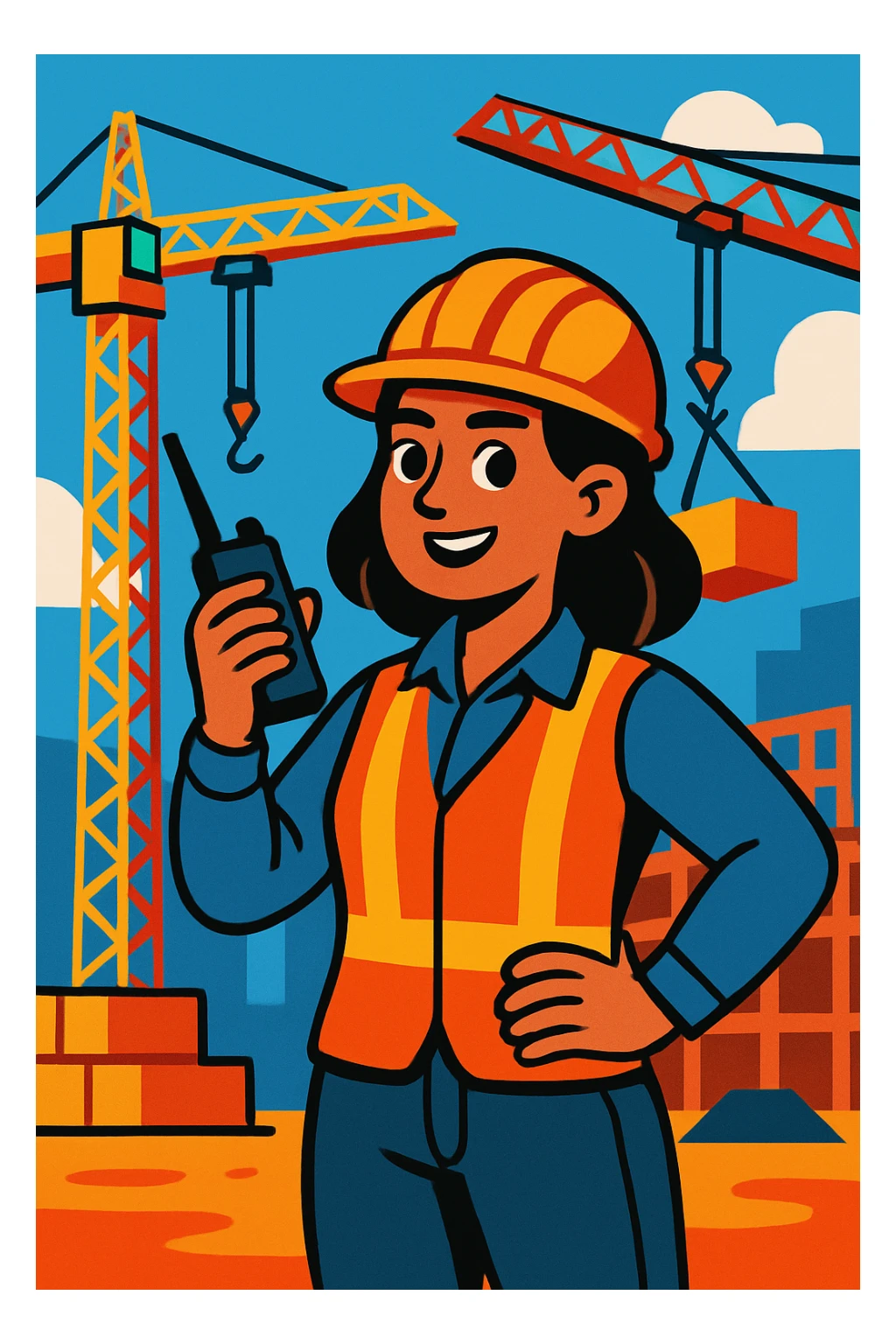 construction project manager woman with helmet walkie-talkie standing in front of cranes vibrant toon style sticker