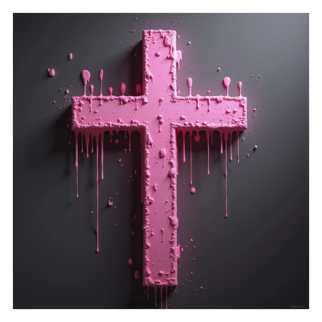 realistic gothic cross, pink with dripping paint effect, photorealistic style, no background sticker
