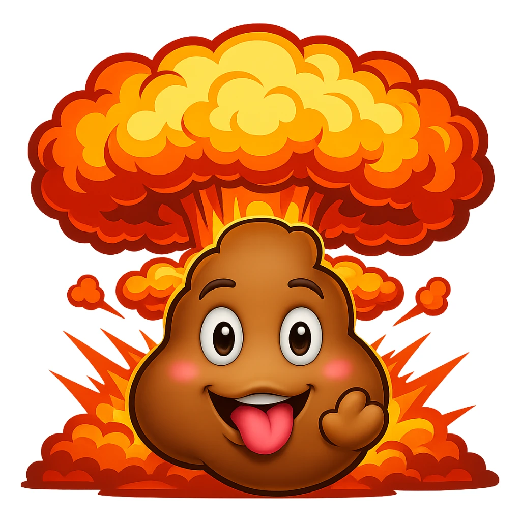 Add a dramatic poop nuke explosion behind the smiling poop blowing a kiss, fun and silly, no background. sticker