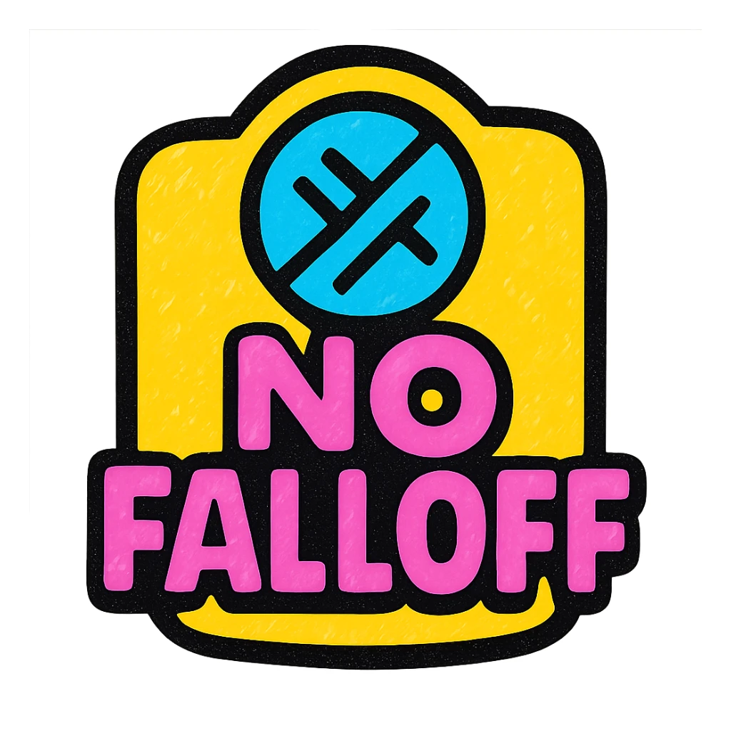 'No Falloff' sign in bold font, clear impactful emoji style sticker