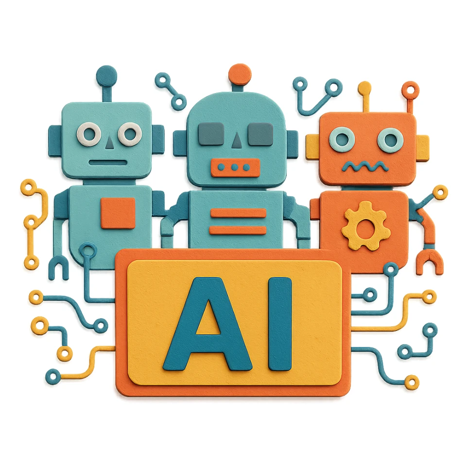 AI banner with paper craft layered robots and circuits sticker