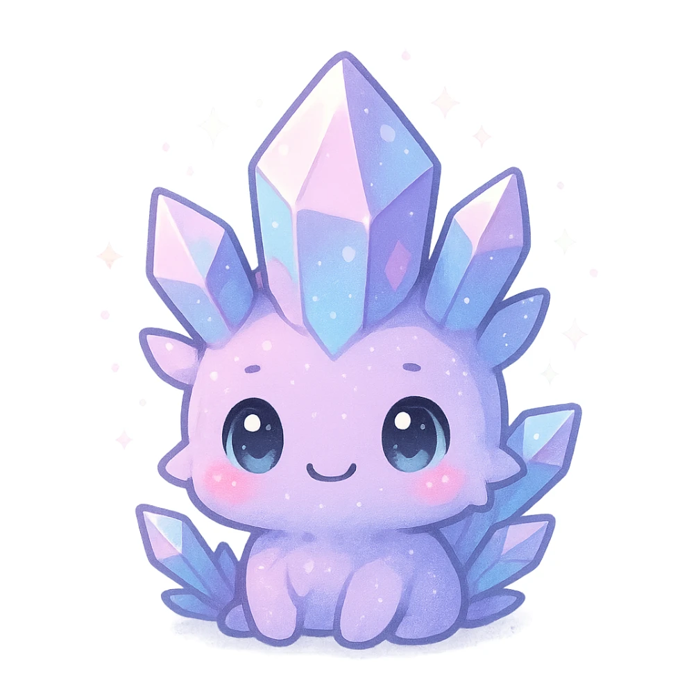 kawaii chibi crystal sprite creature, pastel purple and blue, pink highlights, magical aura, chibi style, cute face sticker