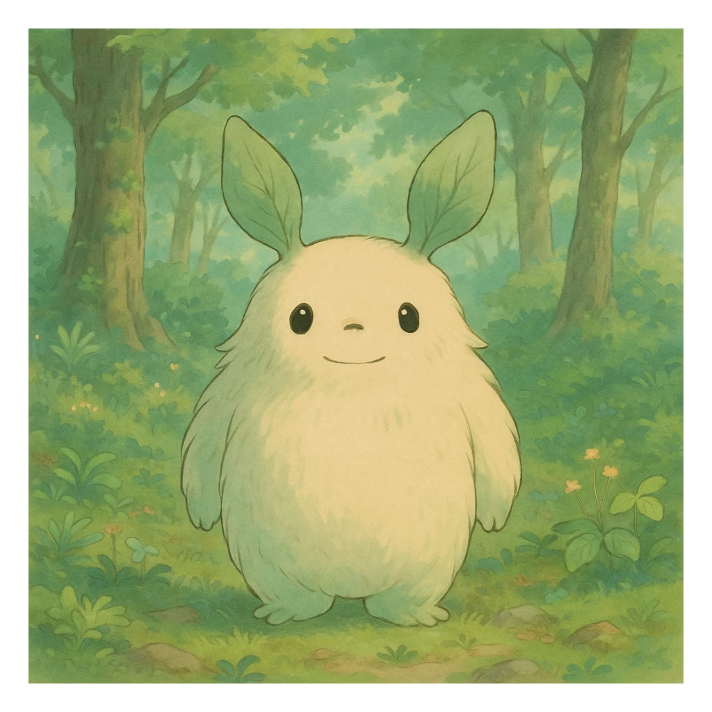 a whimsical forest spirit with soft colors and a gentle expression in Ghibli style sticker