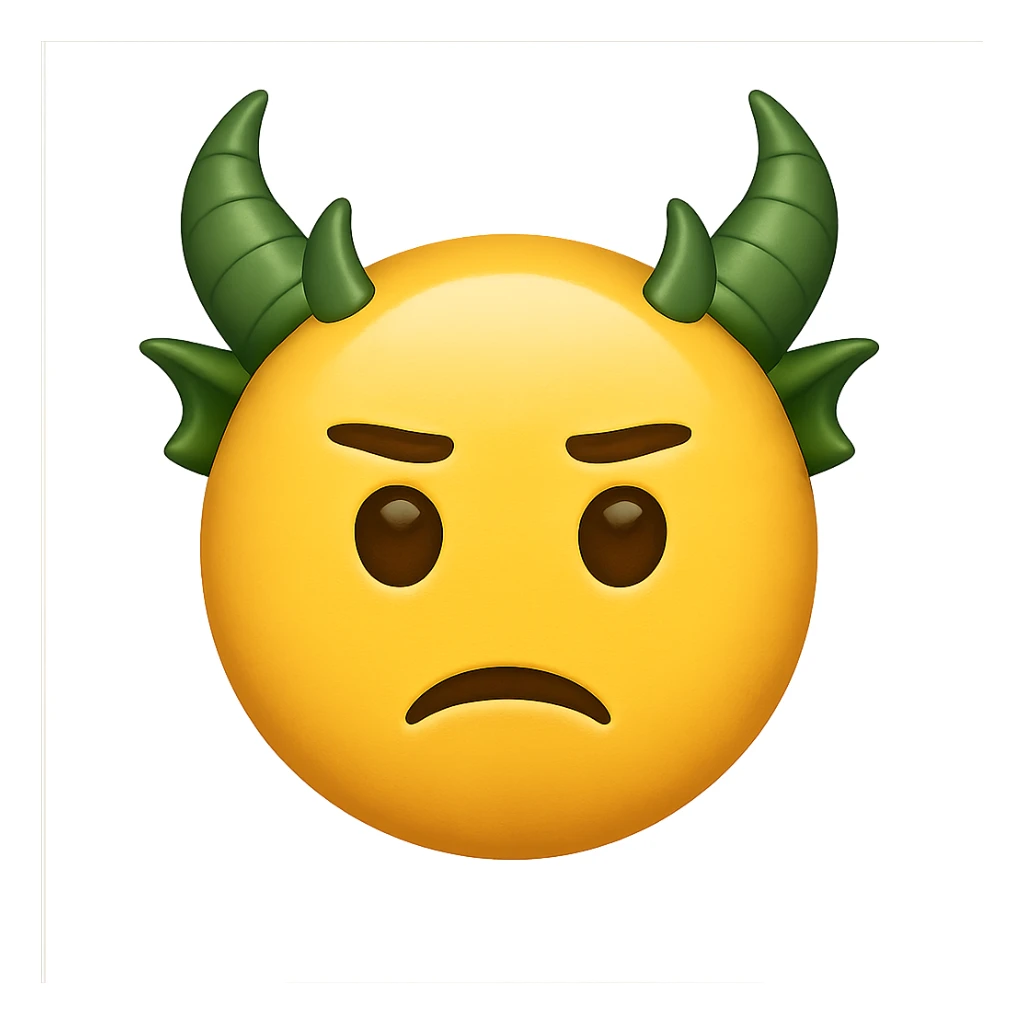 yellow face with green dragon horns emoji, digital illustration sticker