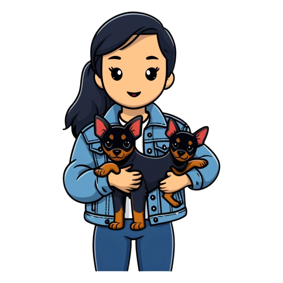 girl in denim jacket holding a Doberman dog sticker