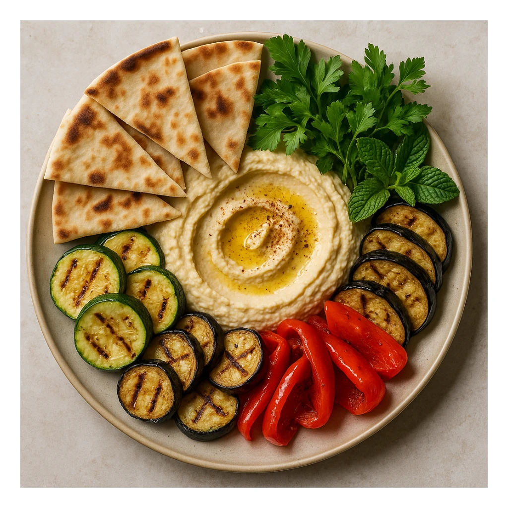 realistic Mediterranean platter with hummus, pita, grilled vegetables, and fresh herbs, top-down view sticker