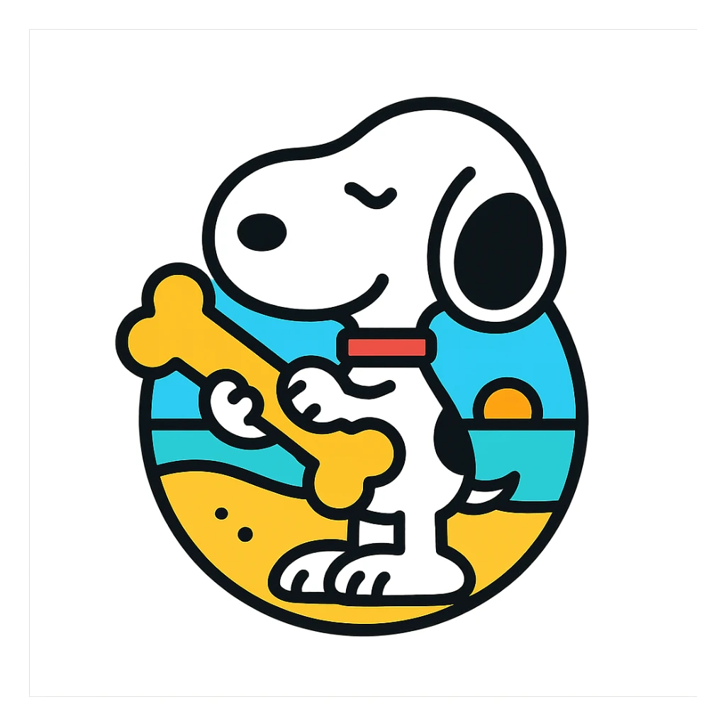 Snoopy, outlined and colorful, holding a bone, with a beach background sticker