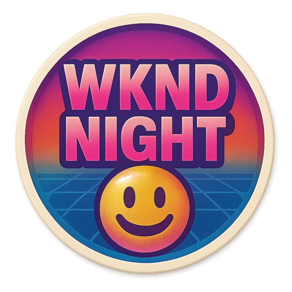 WKND NIGHT retro 80s style, vibrant gradients, synthwave feel, clear and legible at emoji scale for Slack sticker