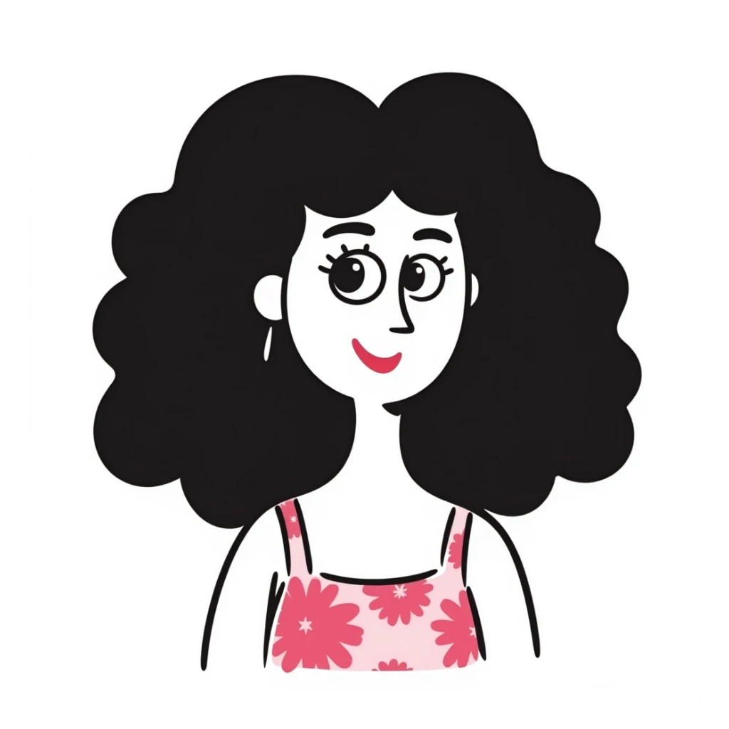 Woman in her 30s with clear skin, elongated face, soft cheeks, large expressive brown eyes, natural eyebrows, defined nose, full lips with soft red lipstick, abundant dark brown curly hair, wearing pink tie-dye tank top sticker