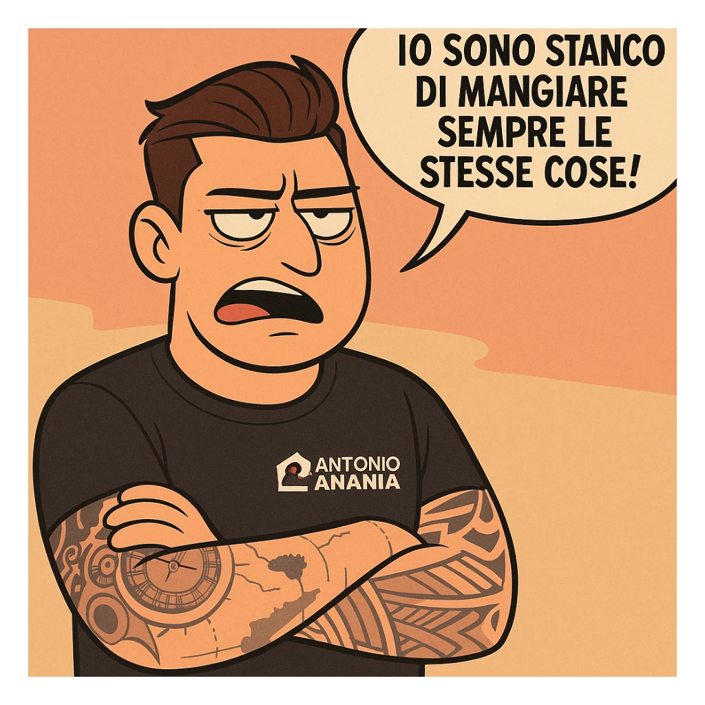 Transform this person into a cartoon style with an annoyed or exasperated expression, saying: "Io sono stanco di mangiare sempre le stesse cose!". Use a simple background with an ironic and caricatural atmosphere. sticker