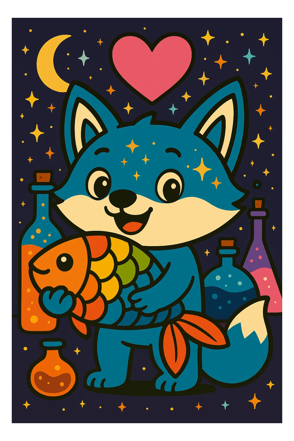 Add a magical, witchy background with stars, crescent moon, and potion bottles behind the blue fox hugging the rainbow fish with a big pink heart, in vibrant toon style. sticker