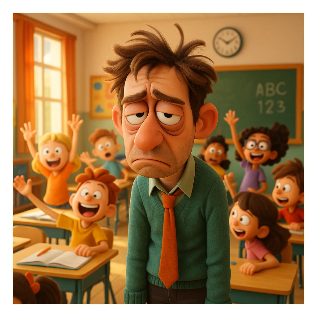 3d cartoon art of a exhausted teacher in a bustling classroom sticker