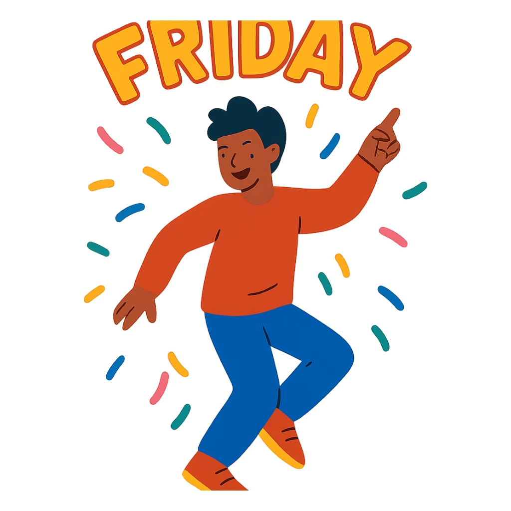 flat toon style person dancing, bright colors, Friday celebration sticker