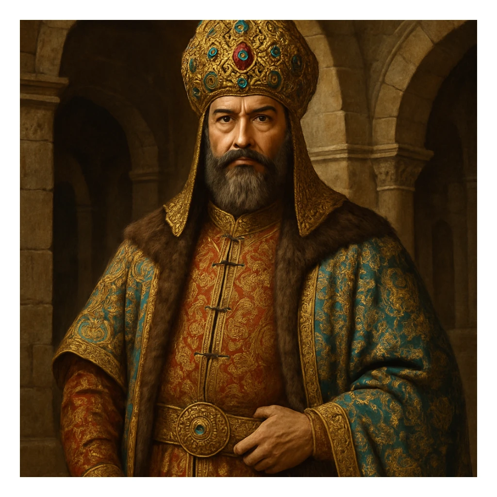Seljuk emperor, traditional Turkish royal robes, elaborate headgear, medieval setting, dignified expression sticker