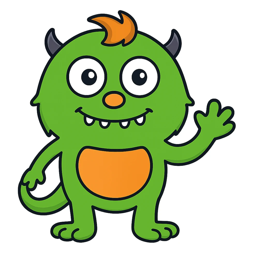 Make the monster Kelly green, give it a more oval face, and make it look friendlier. Keep the orange nose and orange hair. Preserve transparent background. sticker