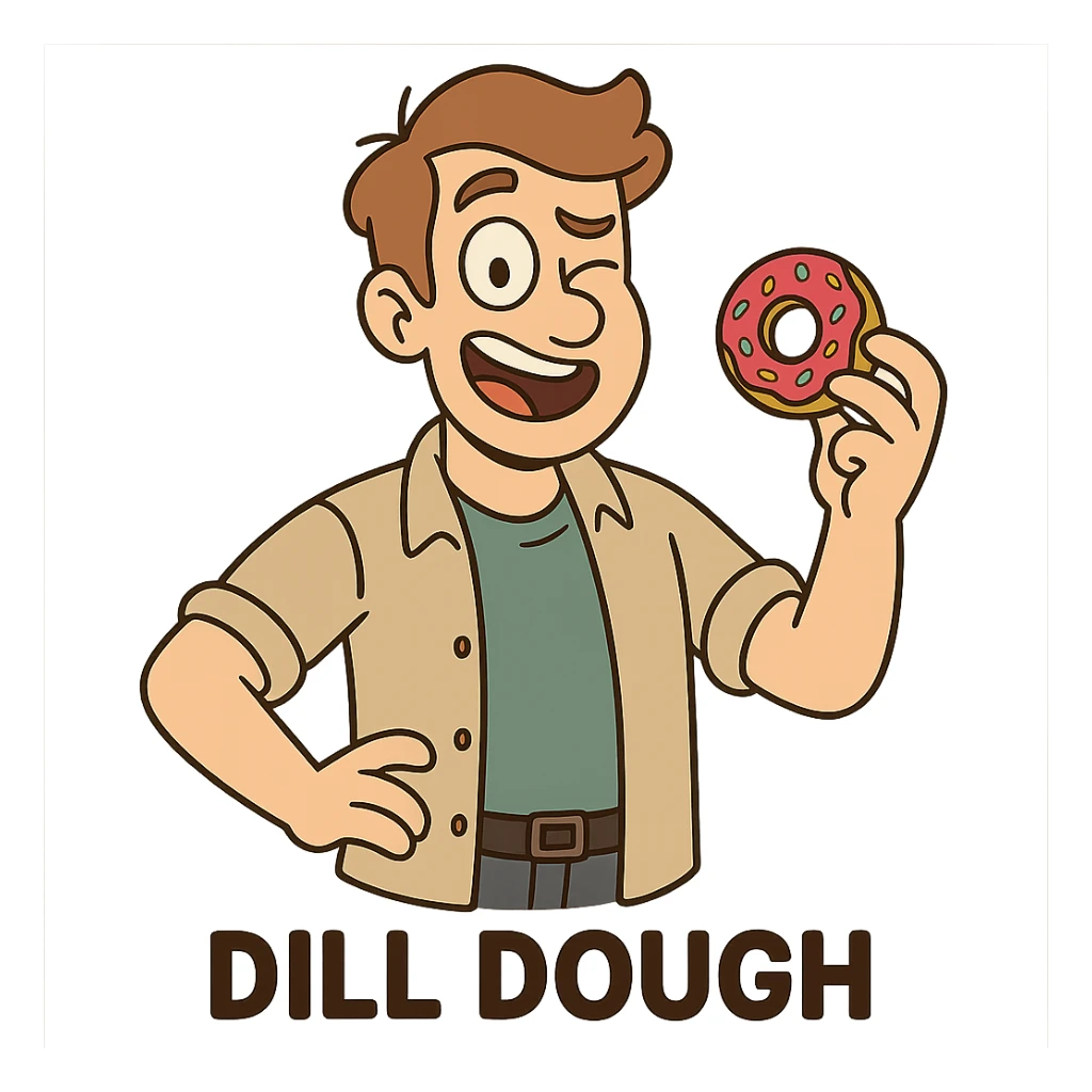 A playful cartoon man named Dill Dough with a doughnut in hand, winking, casual modern clothes, light brown hair, fun and silly vibe. sticker