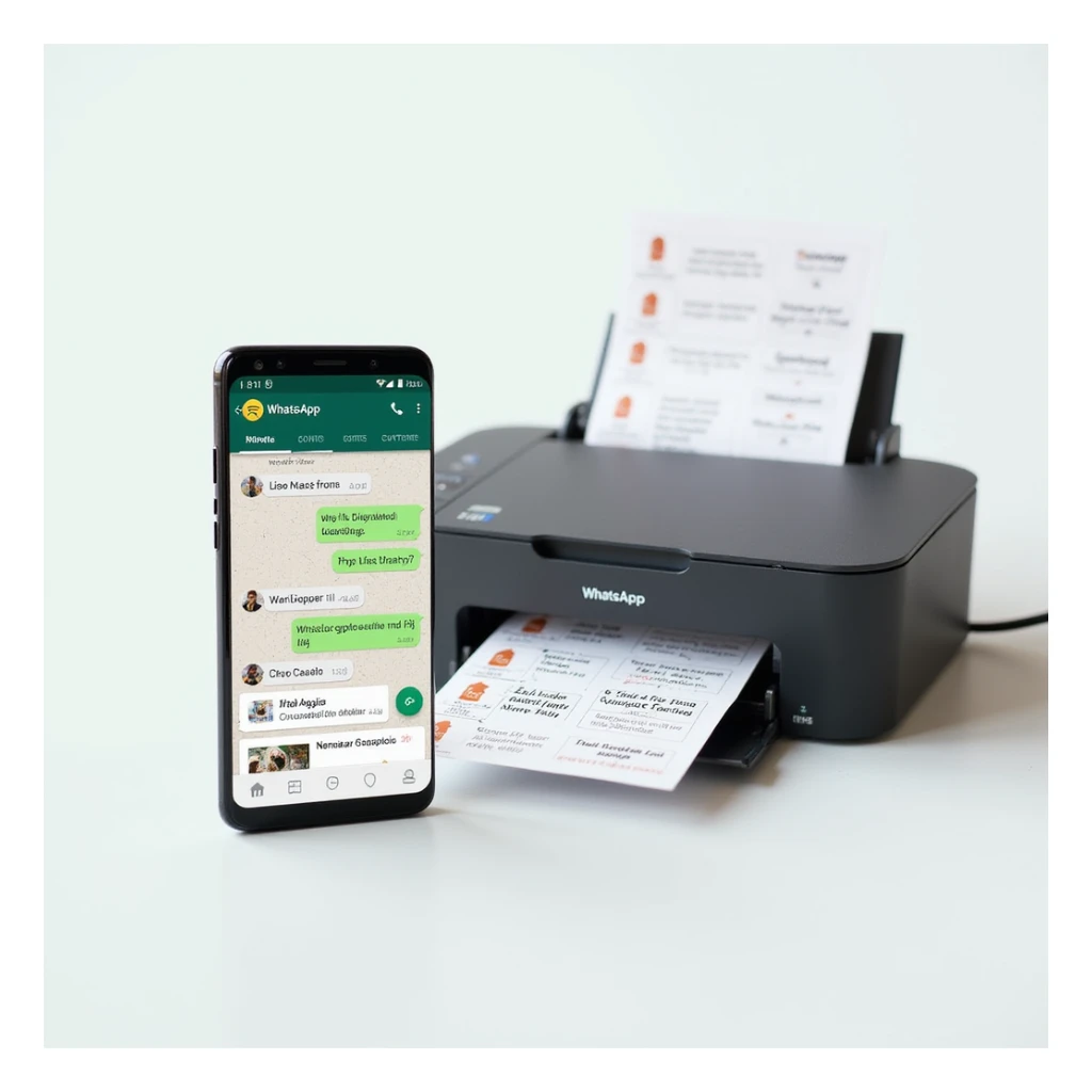 realistic thumbnail for a WhatsApp print out service, showing a smartphone with WhatsApp open on the left side, displaying a chat with various file types including photos, documents, PDFs being sent, and a printer on the right printing out different types of files, on a clean background sticker