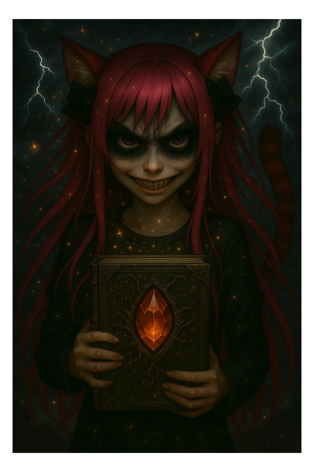 Change the magical accessory to a dark, cursed artifact such as a glowing, sinister crystal or an ancient, enchanted book. Keep the scary expression, emo style, pink hair, sparkles, and stormy background. Render in a realistic anime style. sticker