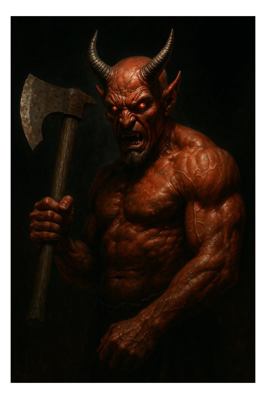 a realistic depiction of a devil holding an axe, detailed, dramatic lighting, menacing expression sticker