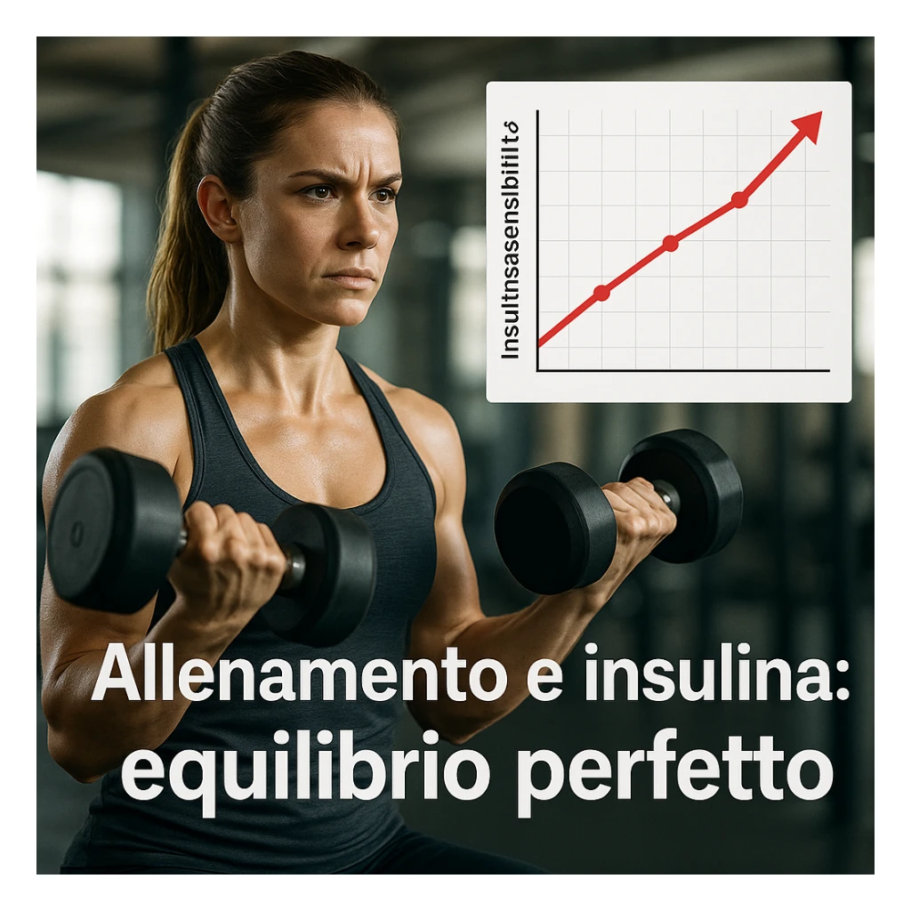woman in gym doing dumbbell exercises, next to her a chart showing improvement in insulin sensitivity, determined expression, Italian text 'Allenamento e insulina: equilibrio perfetto', 4K quality sticker