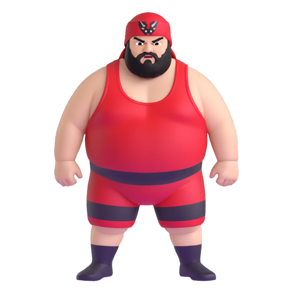 White skin fat guy with prominent black durag, black beard, black eyes in a red and black wrestling singlet with angry face sticker