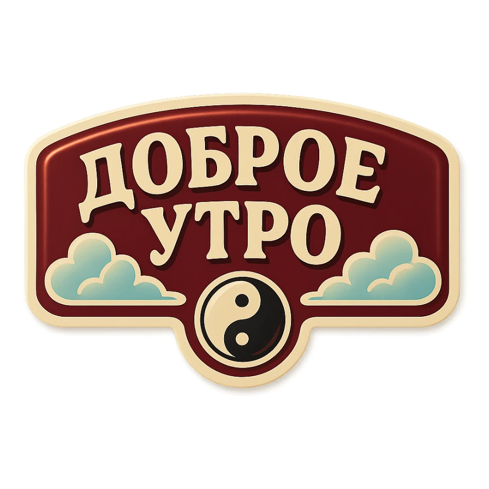 elongated horizontal banner with text 'Доброе утро', retro sticker style, burgundy background, beige letters, minimalist ornament with yin-yang symbol and clouds, soft shadows, transparent background sticker