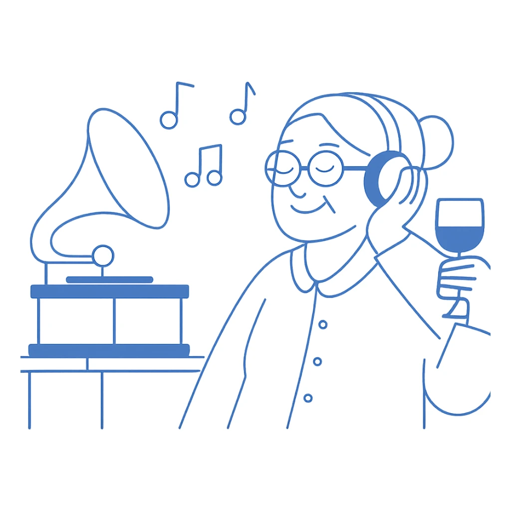 old lady with wineglass listening to gramophone sticker