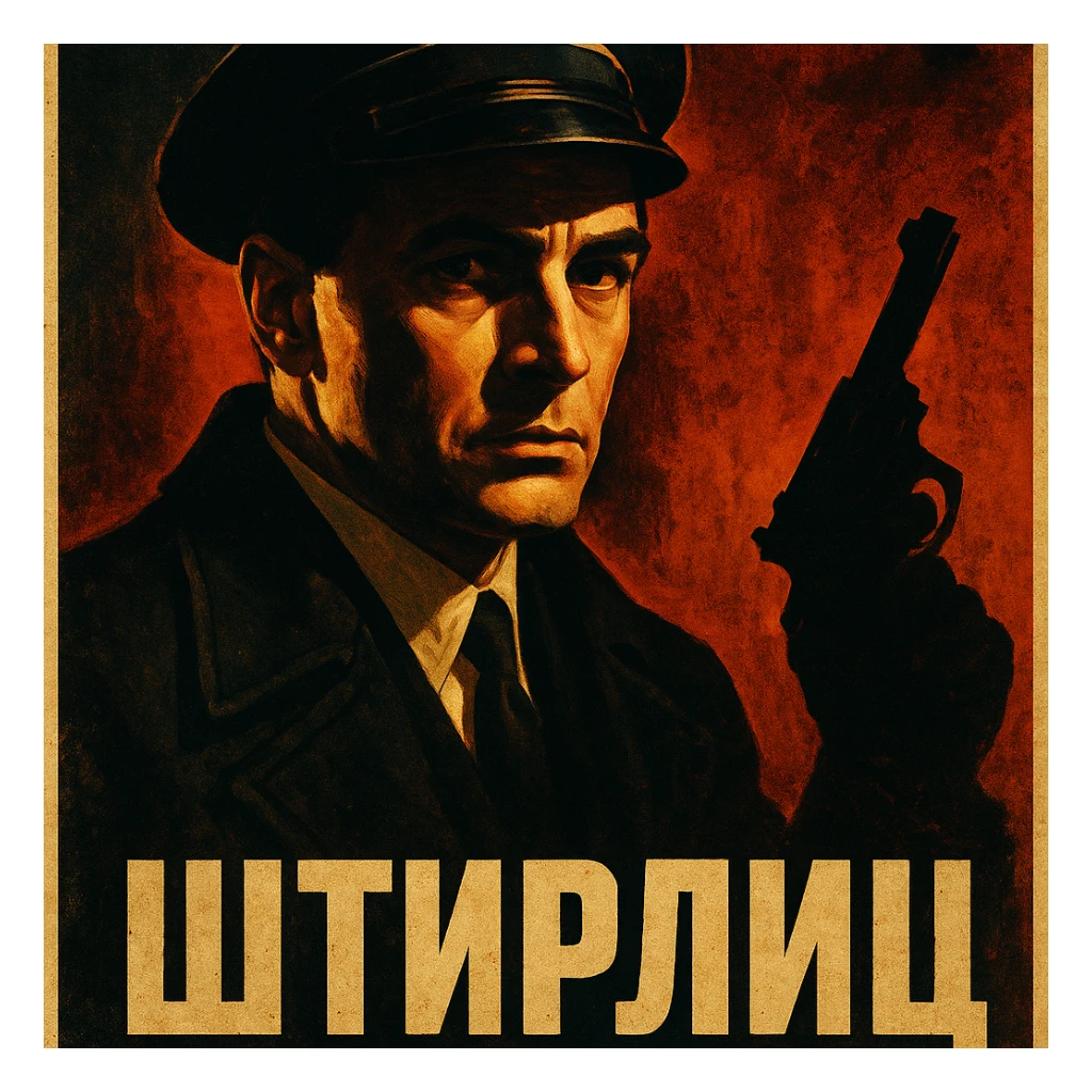 Штирлиц in a vintage spy movie poster style, dramatic lighting sticker