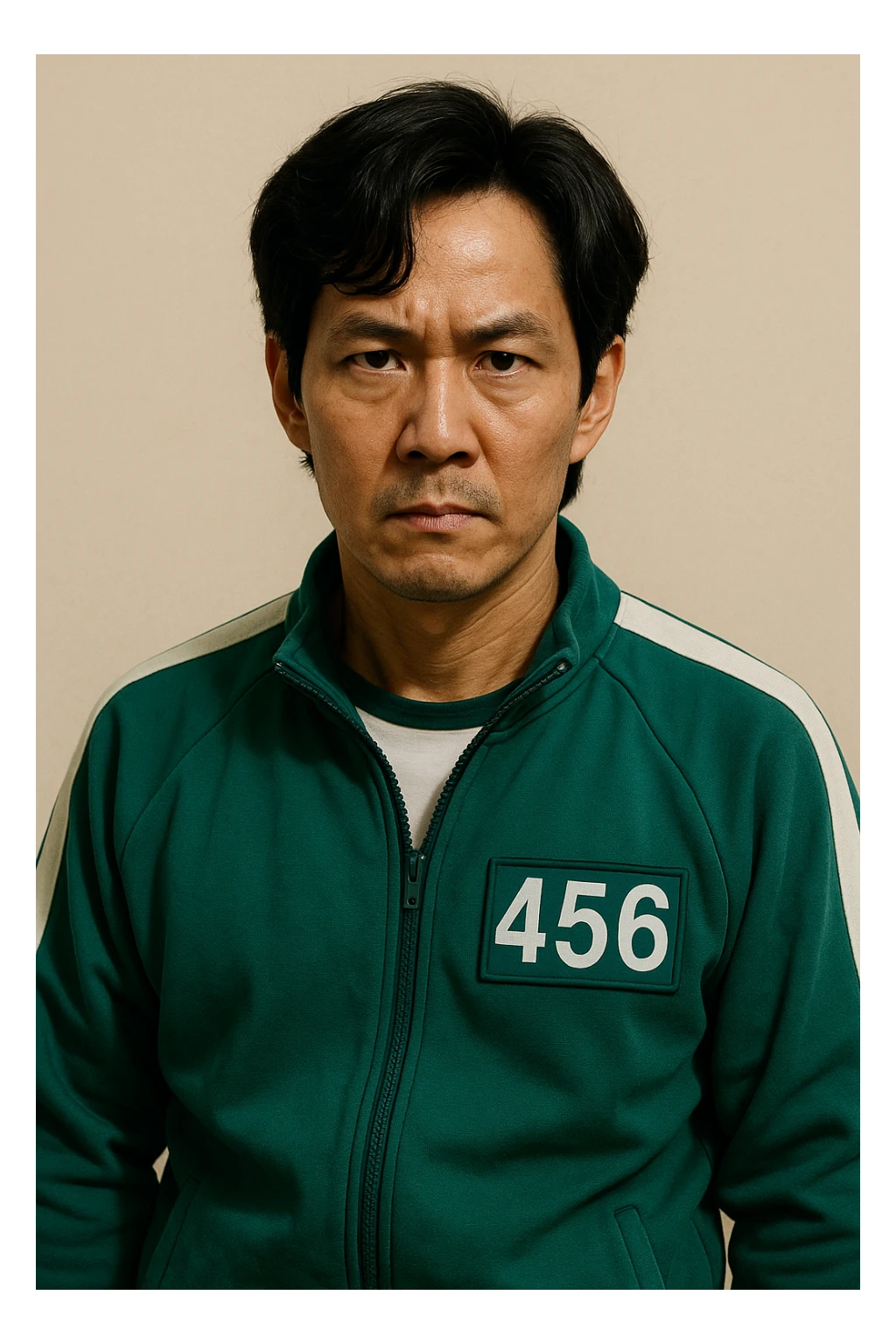 Squid Game man character wearing iconic green tracksuit, short hair, determined expression, simple background sticker