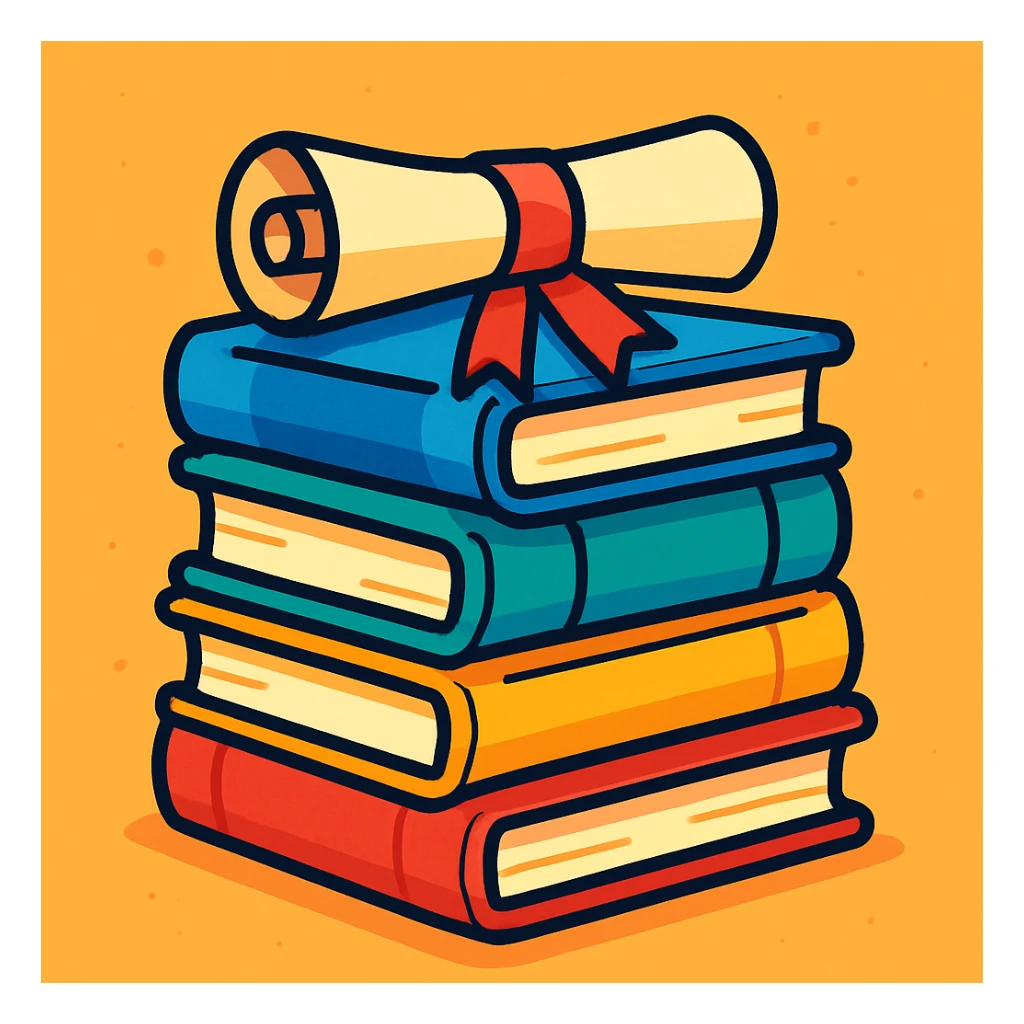 a stack of books with a diploma scroll, representing academia, colorful cartoon style sticker
