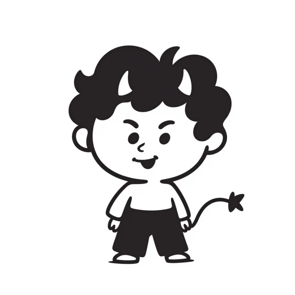 hand-drawn chibi demon with big head, tiny body, cute horns and mischievous smile sticker