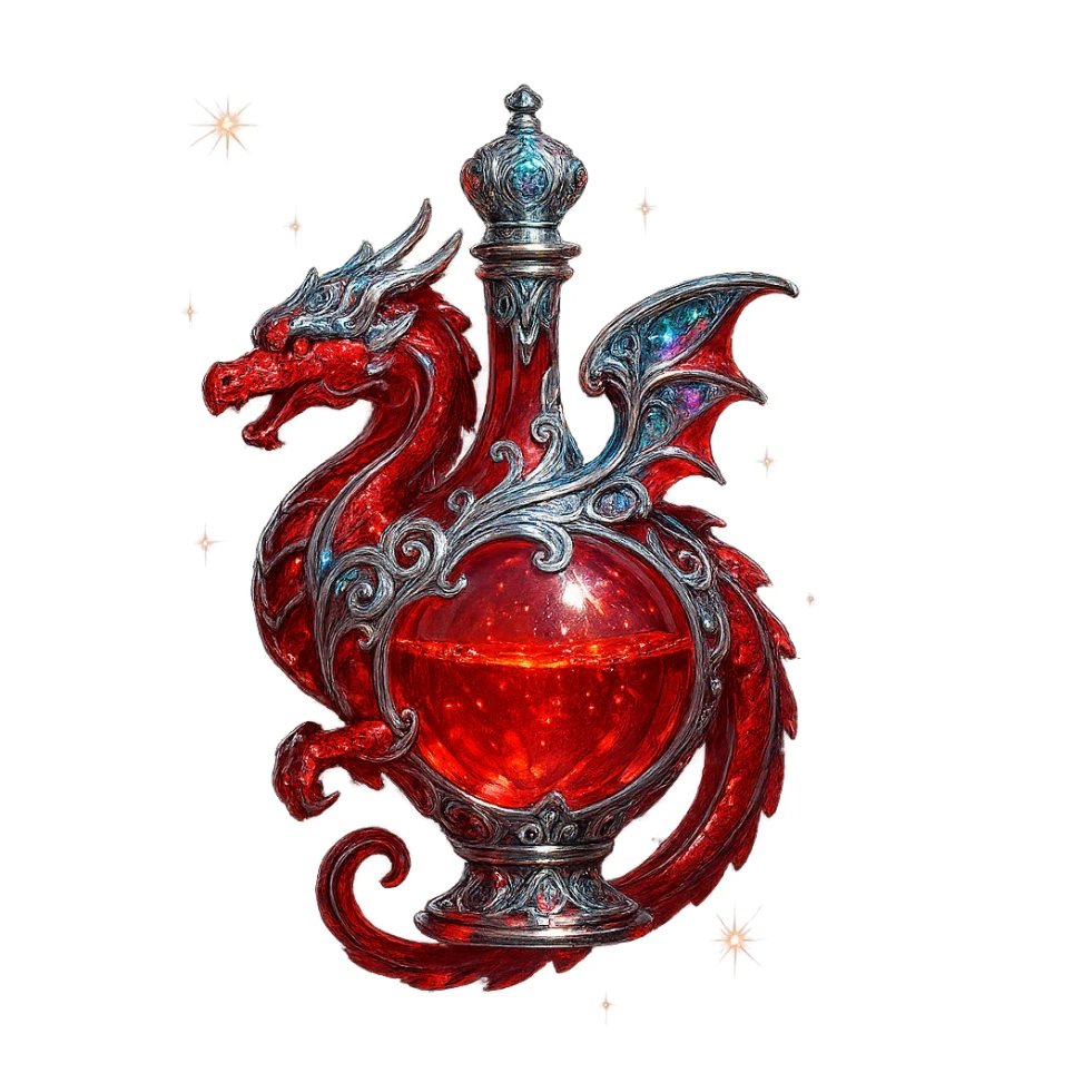 luxurious crystal elixir bottle in dragon shape, entirely vibrant red color, ornate silver and iridescent details, magical glowing and sparkling effects, very small neck, seamless bottom, transparent background, bottle clearly floating in air, no base or shadow, modern, collection style sticker