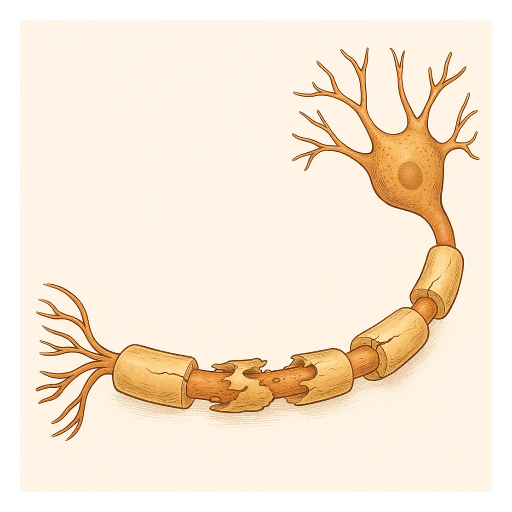 axon with myelin sheath deteriorating, visible gaps and damage, medical illustration style sticker