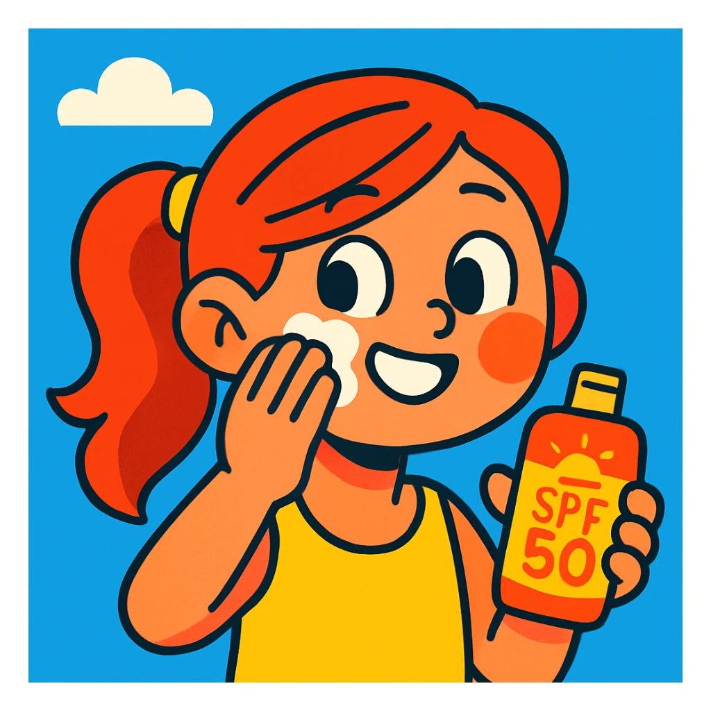 bright cartoon style of a girl applying sunscreen on her face sticker