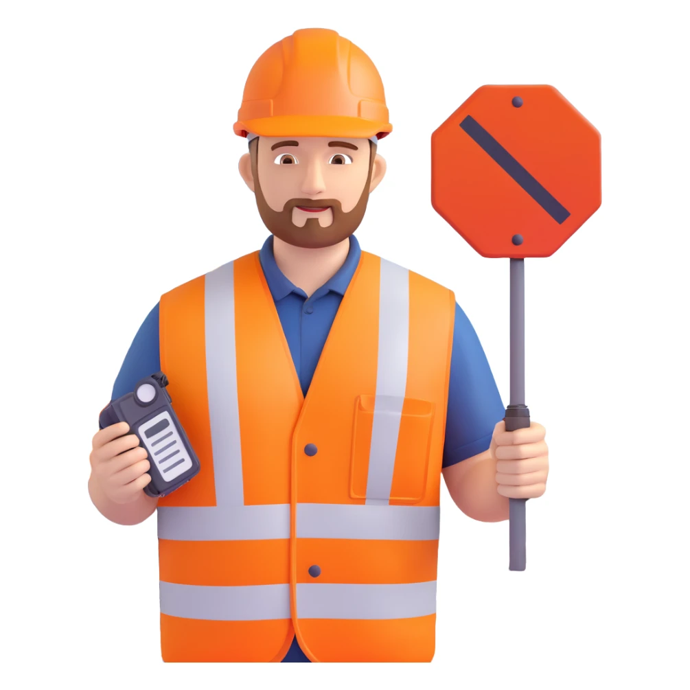 Network Rail worker emoji inspired by Keith Morey: orange vest, hard hat, holding a walkie-talkie, with a railway sign nearby sticker