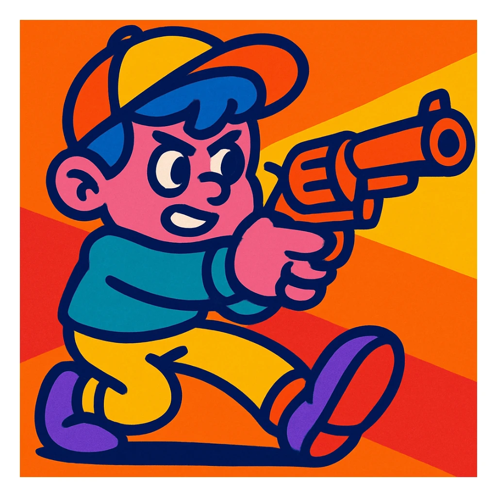 boy character with pink skin, blue hair, a hat, and a gun pointed forward, bold and playful style, vibrant colors sticker