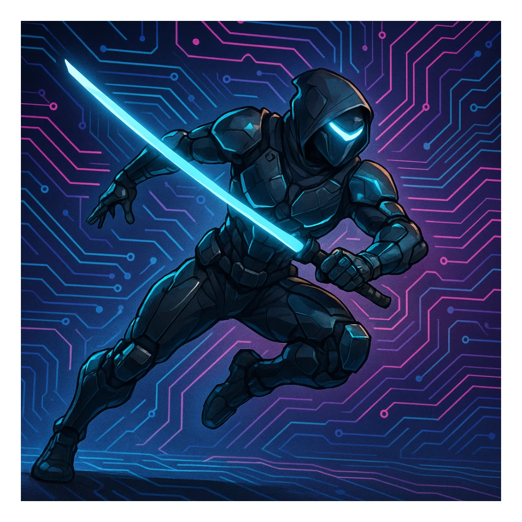 cyber ninja, futuristic armor, glowing accents, dynamic pose, digital background sticker