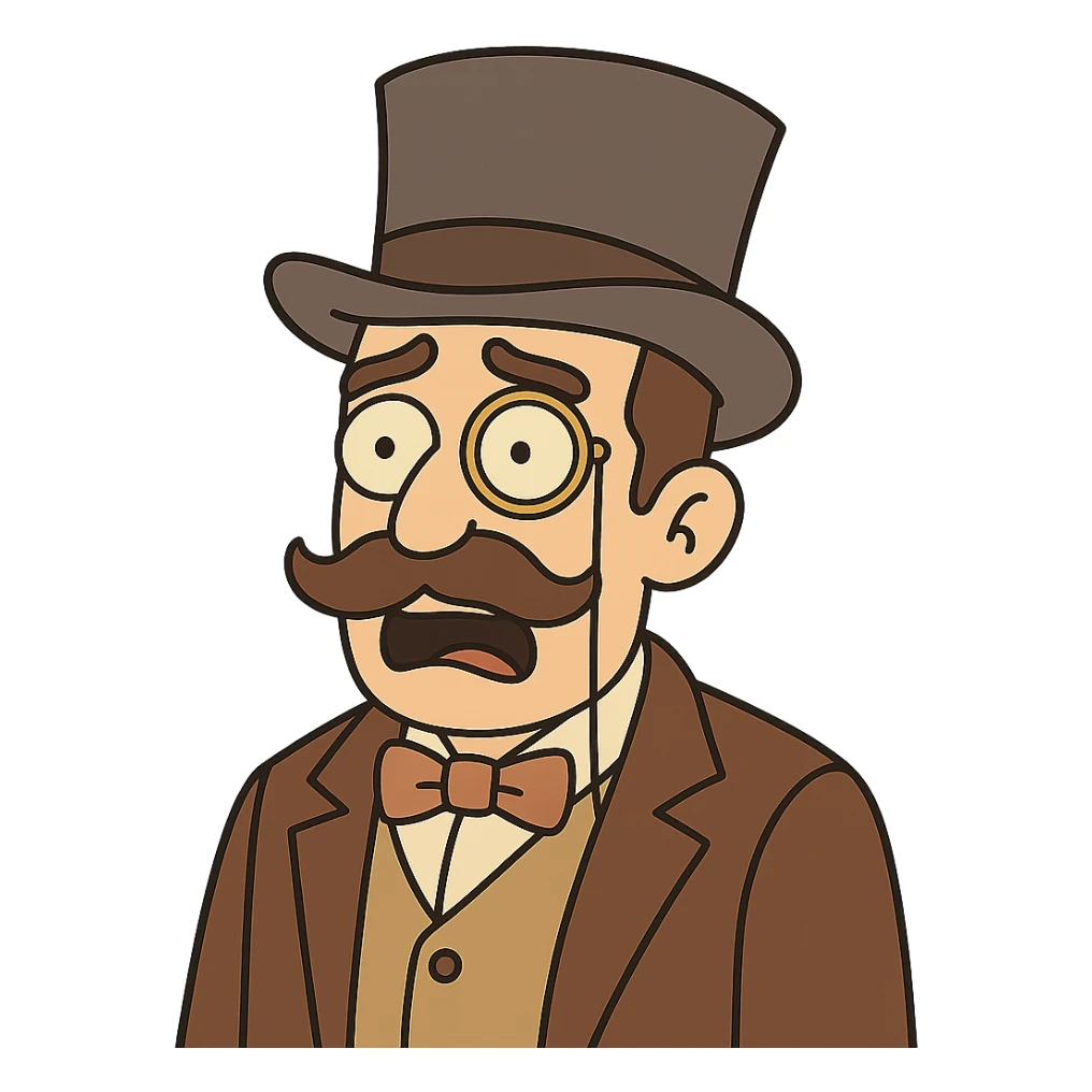 Make the man with mustache, top hat, and monocle look shocked, in flat toon style, with no background. sticker