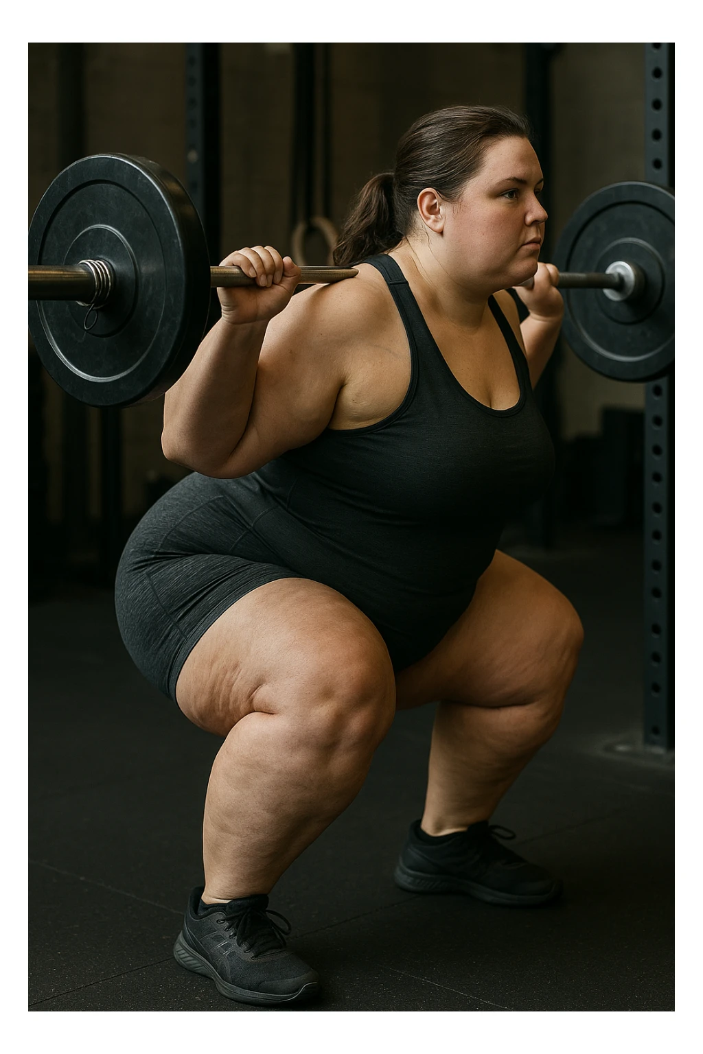 donna grassa con lipedema alle gambe che fa uno squat di profilo con bilanciere, IPERREALISTICA 4K sticker