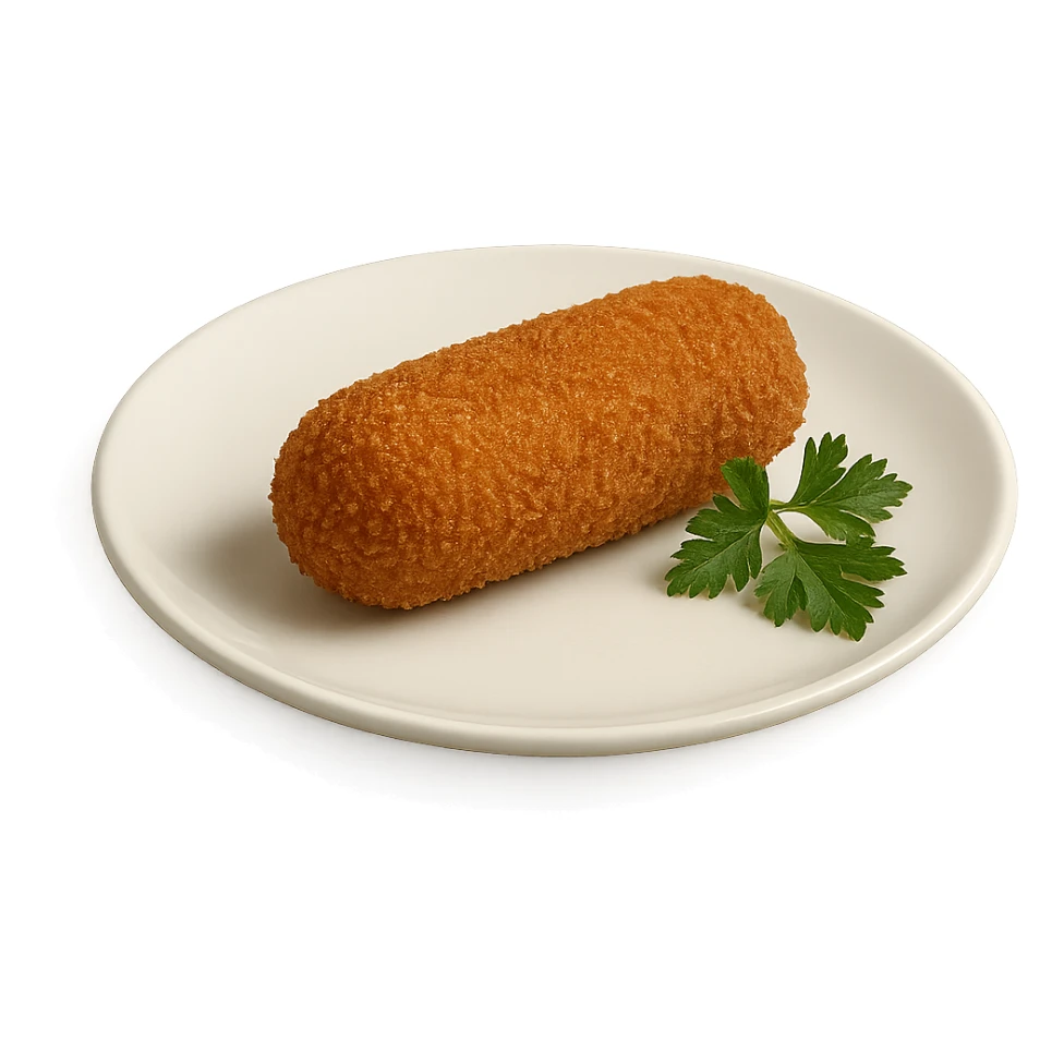 realistic kroket on a white plate, with parsley garnish sticker