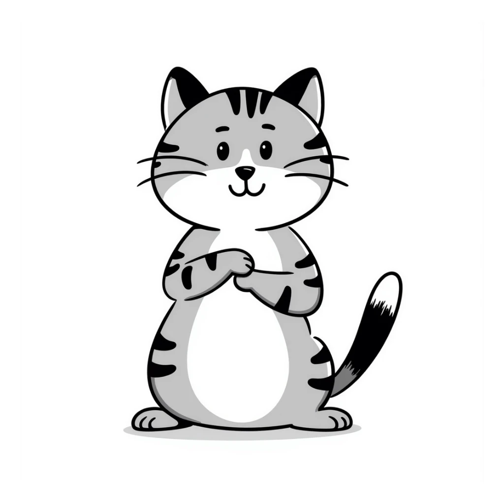Cute tabby cat with white stomach, hand-drawn style, playful pose showing white belly sticker