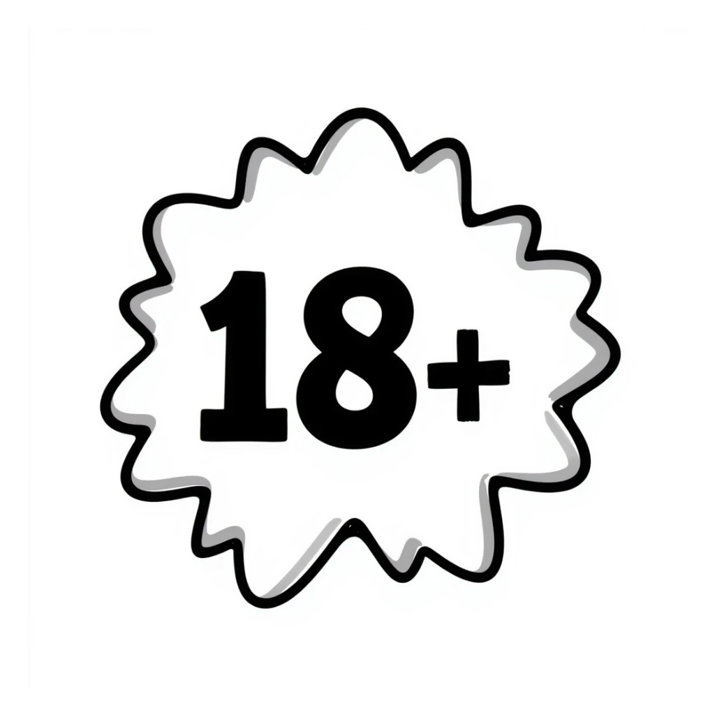 simple hand-drawn 18+ badge shaped like a starburst, with bold contours, stylized shadows and highlights, '18+' text in the middle, playful expressive ficwriter style sticker