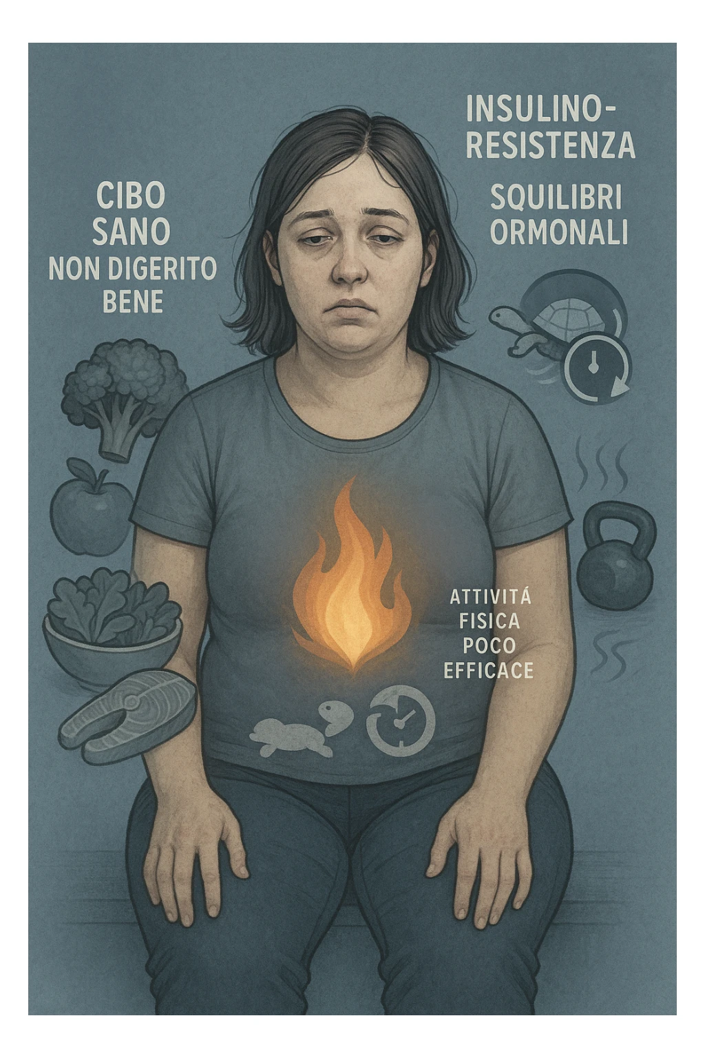 Donna tra i 25 e i 35 anni con fisico leggermente gonfio e postura affaticata, seduta con sguardo stanco. In trasparenza sul suo corpo, si vedono elementi simbolici: una fiamma metabolica molto piccola nel centro dell’addome, una tartaruga accanto a un simbolo di orologio rallentato, indicatori visivi di insulino-resistenza e squilibri ormonali. Intorno a lei: cibo sano non digerito bene, attività fisica poco efficace. Colori spenti attorno al corpo, con toni freddi e lentezza visiva. Stile realistico con elementi infografici e simbolici integrati IN ITALIANO sticker