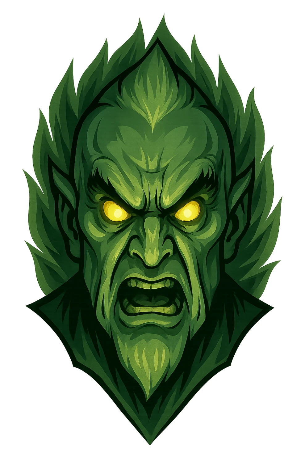 fierce head of the Wizard of Oz, dramatic, intense expression, glowing eyes, stylized, no background sticker