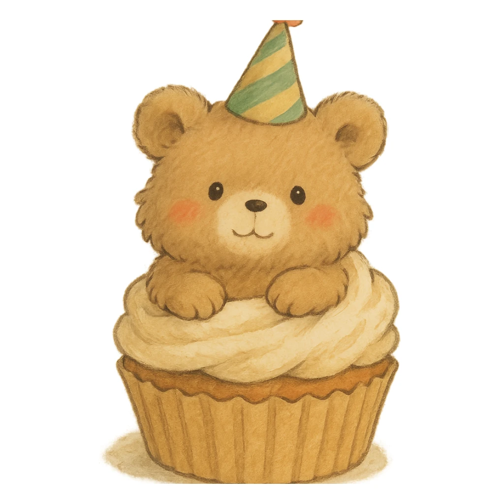 fluffy bear popping out of a cupcake, wearing a party hat, soft Ghibli style sticker