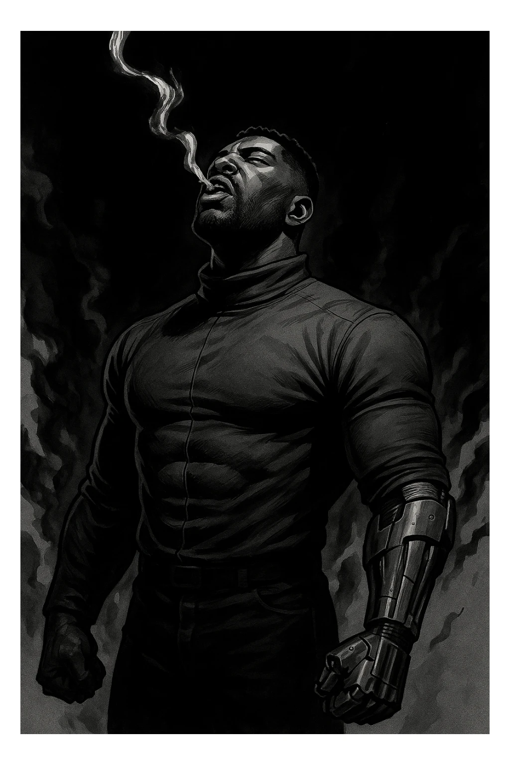 Black and white comic book panel of an extremely muscular African American man with cybernetic implants standing in the dark, surrounded by smoke. He is wearing a long-sleeved shirt with a high collar, and his chest is sculpted. sticker