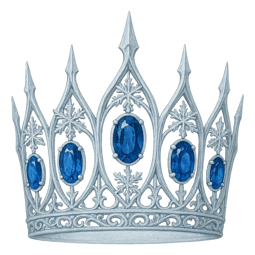 gothic crown in icy white with blue sapphires and snowflake motifs, wintry and elegant sticker