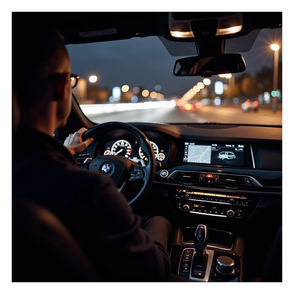 BMW Series 7 2024, cockpit view at night in Bucharest, one hand on the wheel, city lights outside, motion blur on car and background, highly realistic, photorealistic sticker