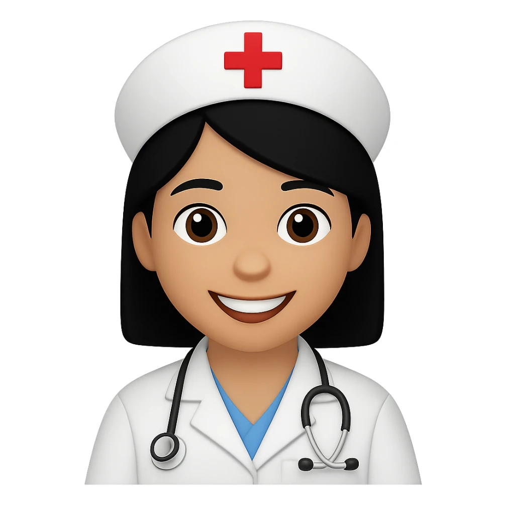 female nurse, emoji style, light skin tone, black hair sticker