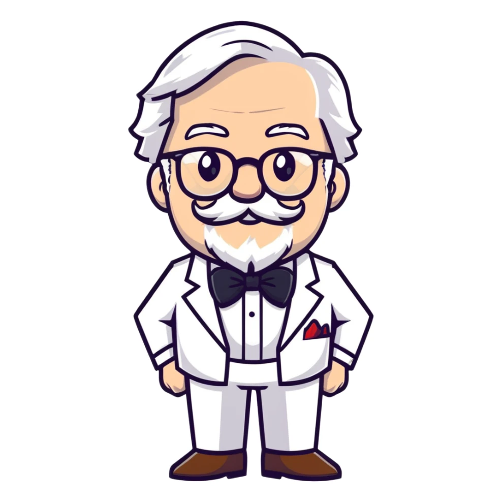 Colonel Sanders KFC, old man with white hair, white goatee, black bow tie, white suit, glasses sticker